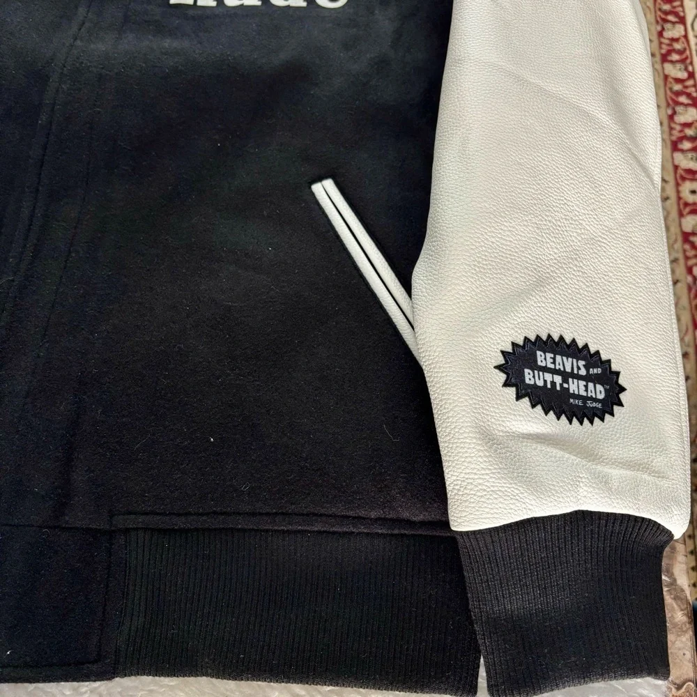 Davis & Butt Head  Black and White Leather / Fabric Bomber Jacket size XL